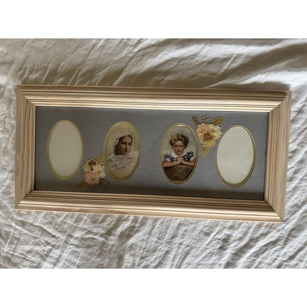 Vintage Oval Photo Holder with Real Pressed Flowers In Wooden Frame 10x21